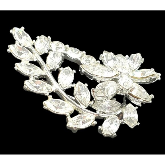 VTG Brooch Marquise Crystal Flower Pin Floral Prongs Silver Foiled Clear Sparkle - Picture 6 of 16